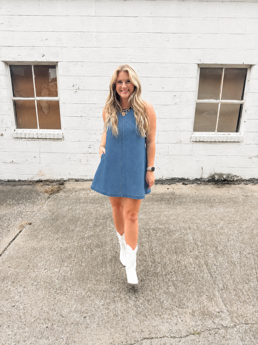Keyhole Back Denim Dress