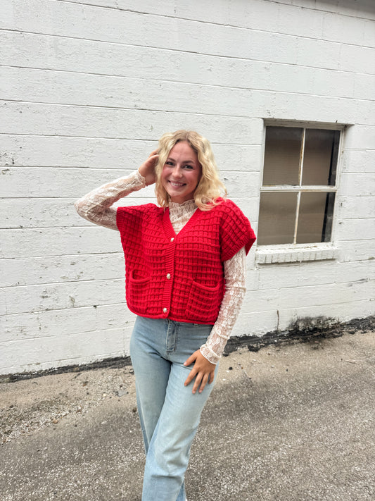 Red Waffle Cardi