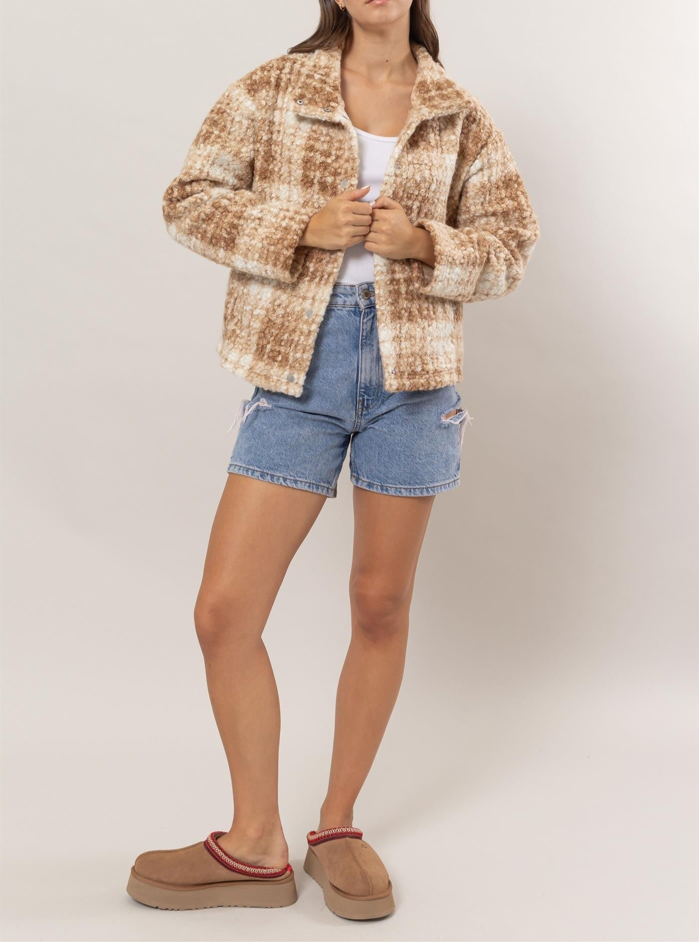 Plaid Collared Neck Boucle Jacket with Pockets
