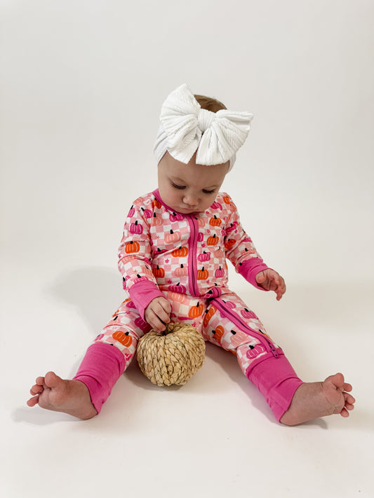 2-Way Convertible Zip Romper, Pumpkin Checkerboard Pink