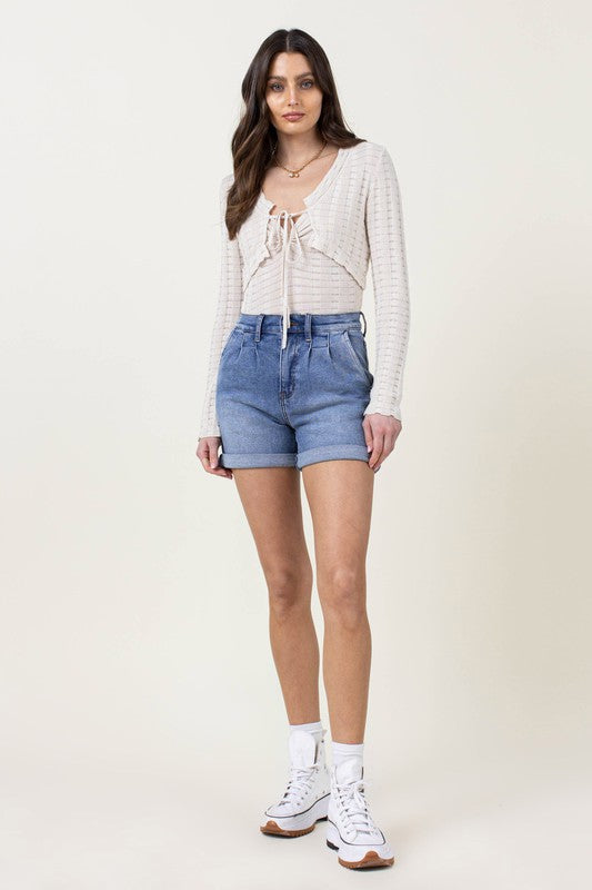 Denim Shorts with Pin Tuck Detail