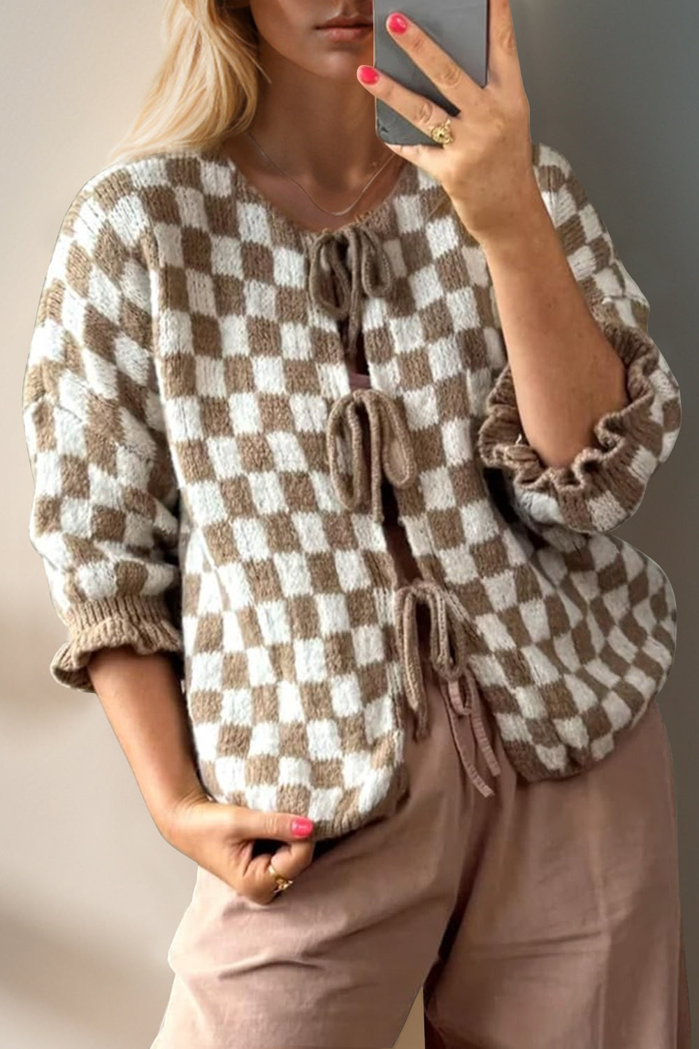 checkered tie cardi