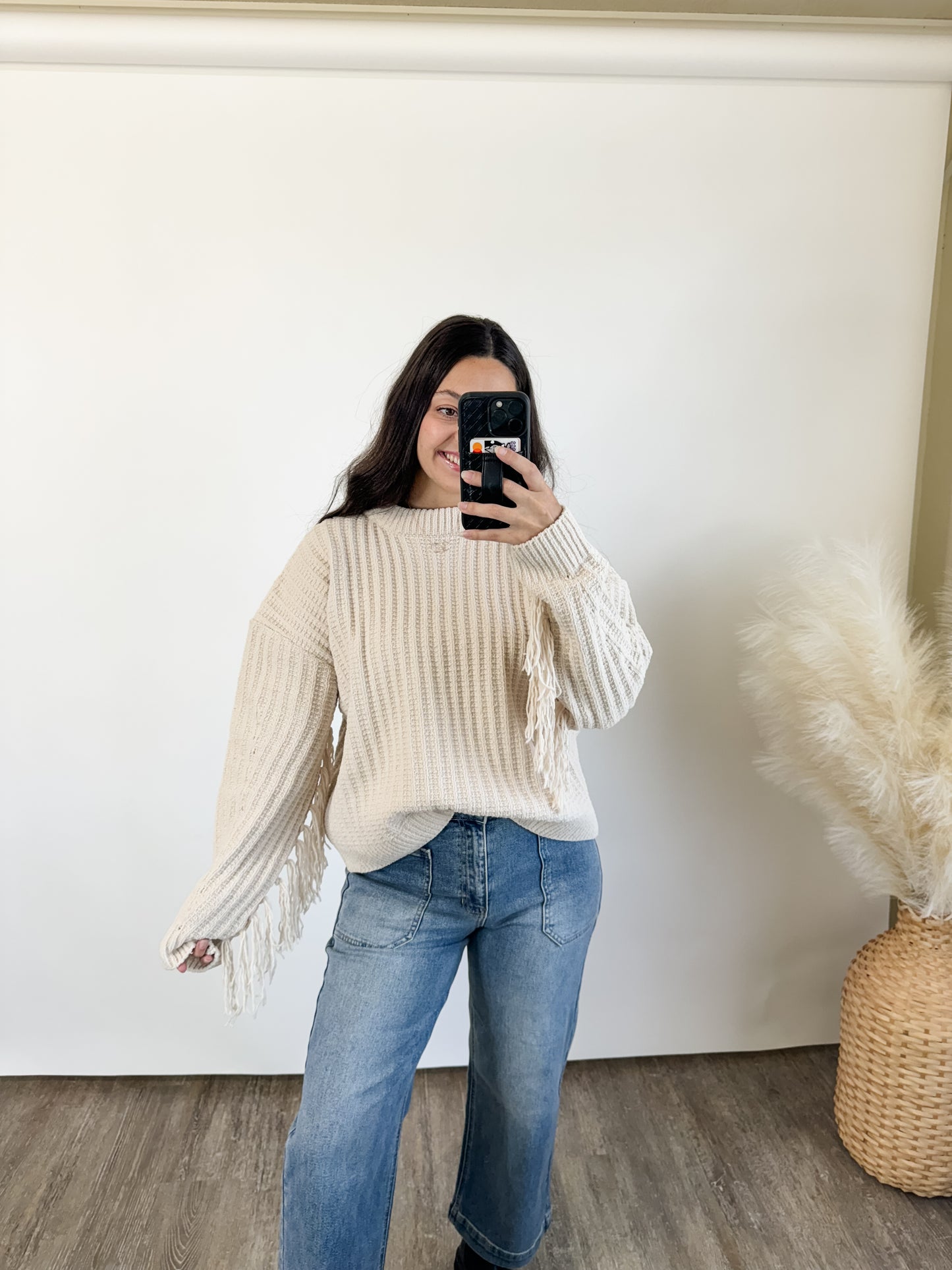 cream fringe sleeve sweater