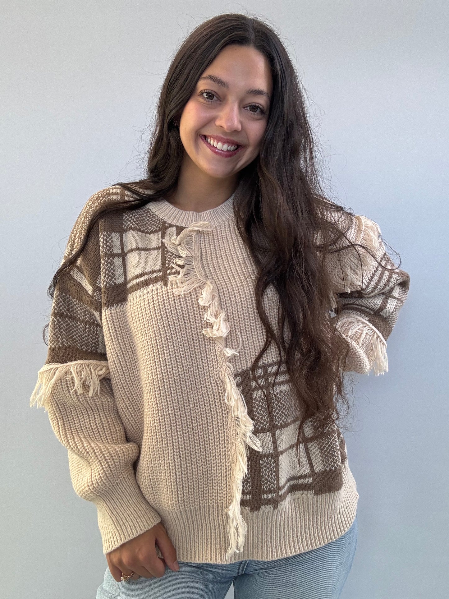 cozy campfire fringe sweater