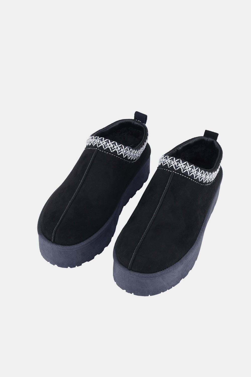 Platform Embroidered Trim Slip-On Boots — Black