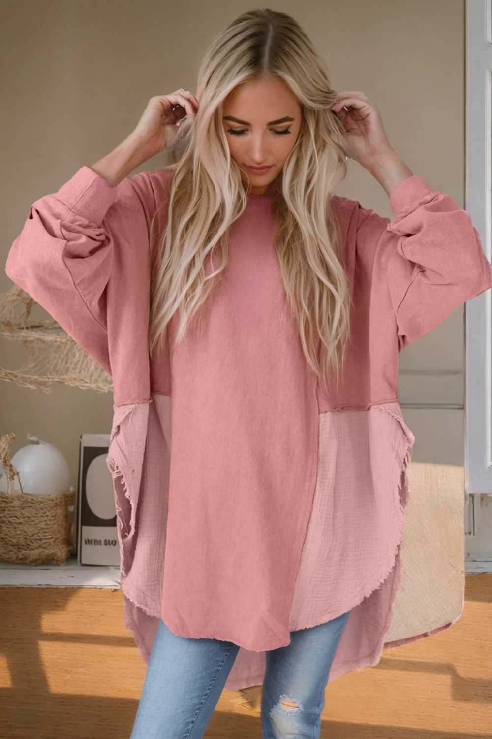 oversized contrast pullover — pink