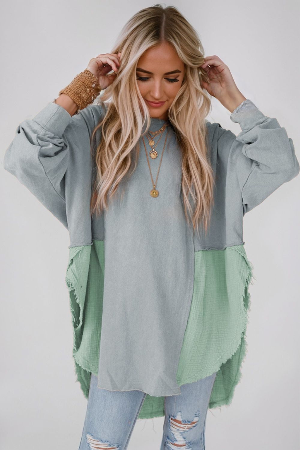 oversized contrast pullover — blue/green