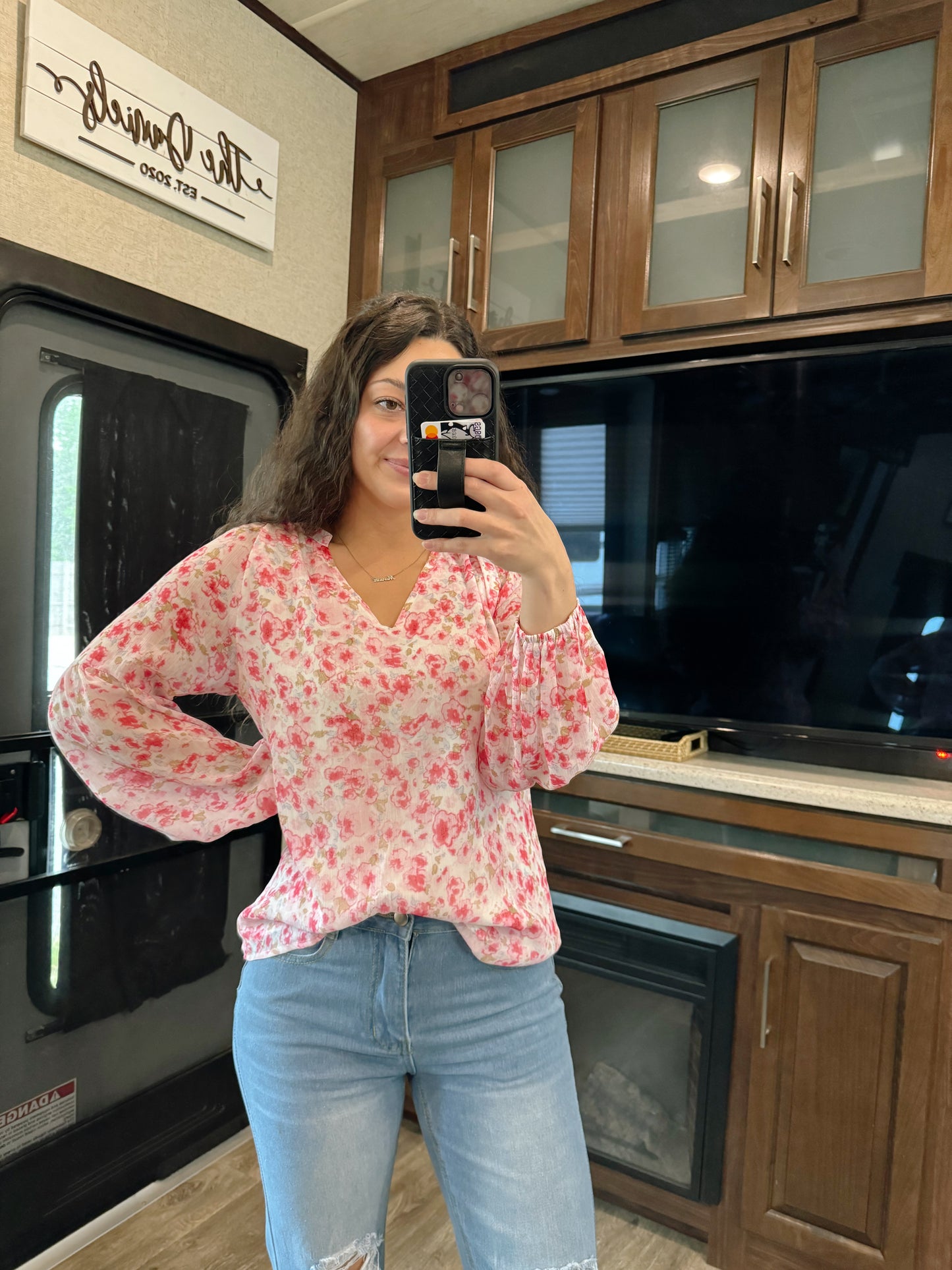 pink floral blouse