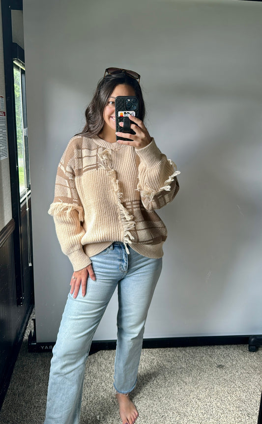 cozy campfire fringe sweater