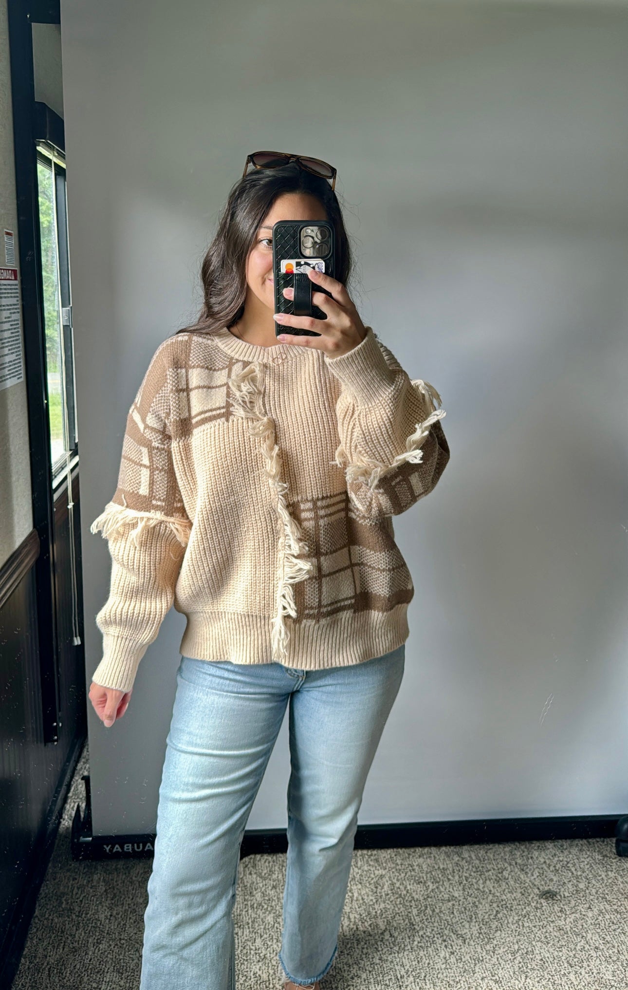 cozy campfire fringe sweater