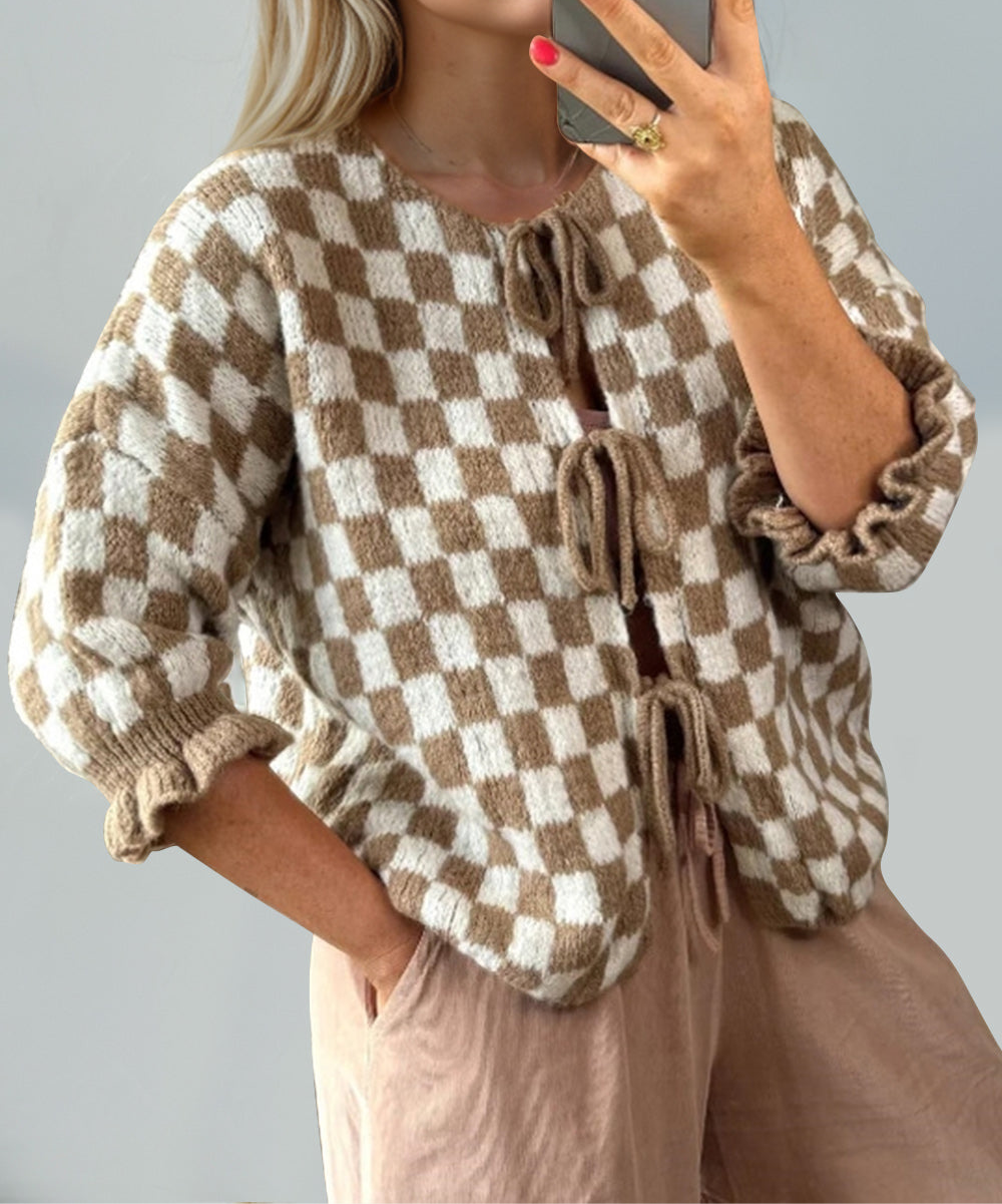 checkered tie cardi