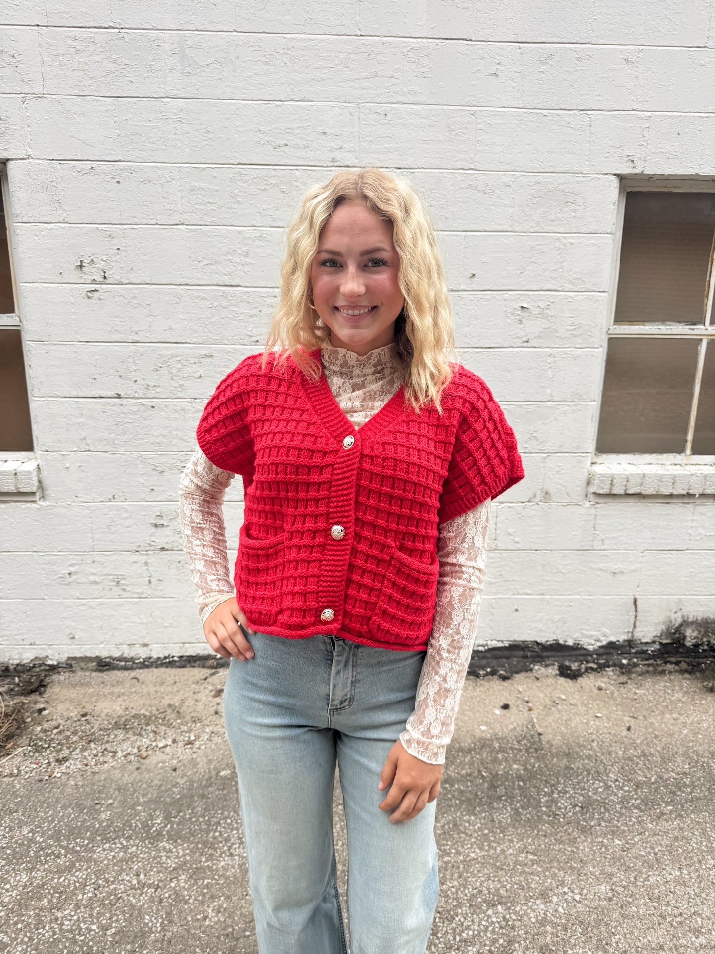 Red Waffle Cardi