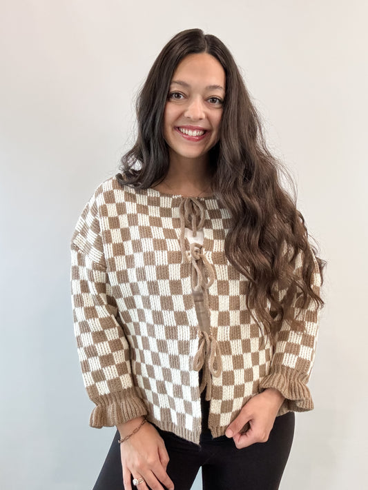 checkered tie cardi