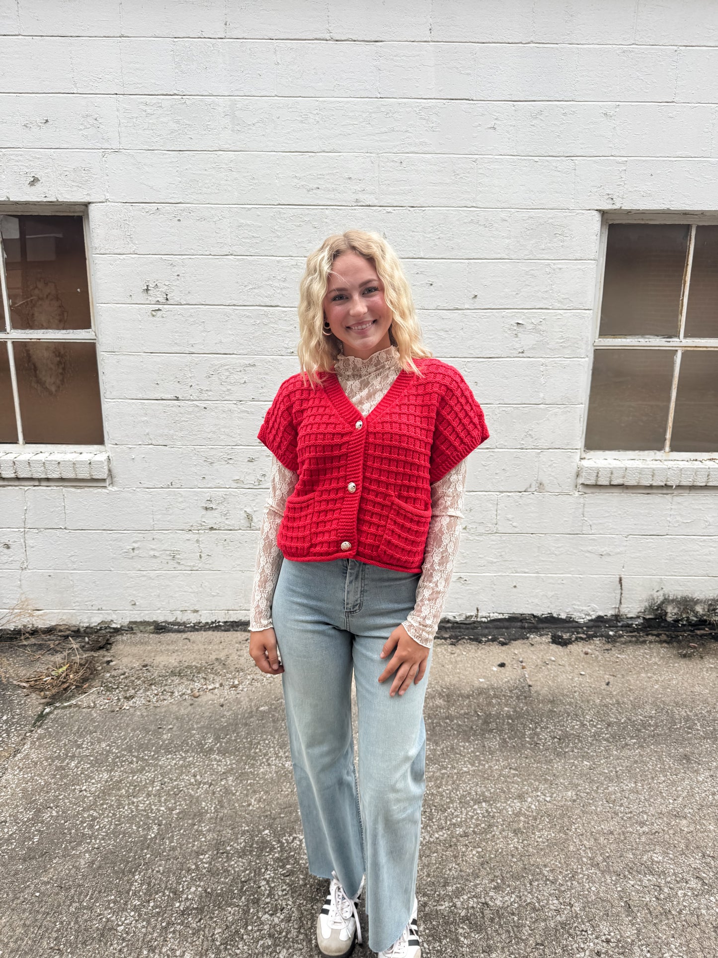 Red Waffle Cardi