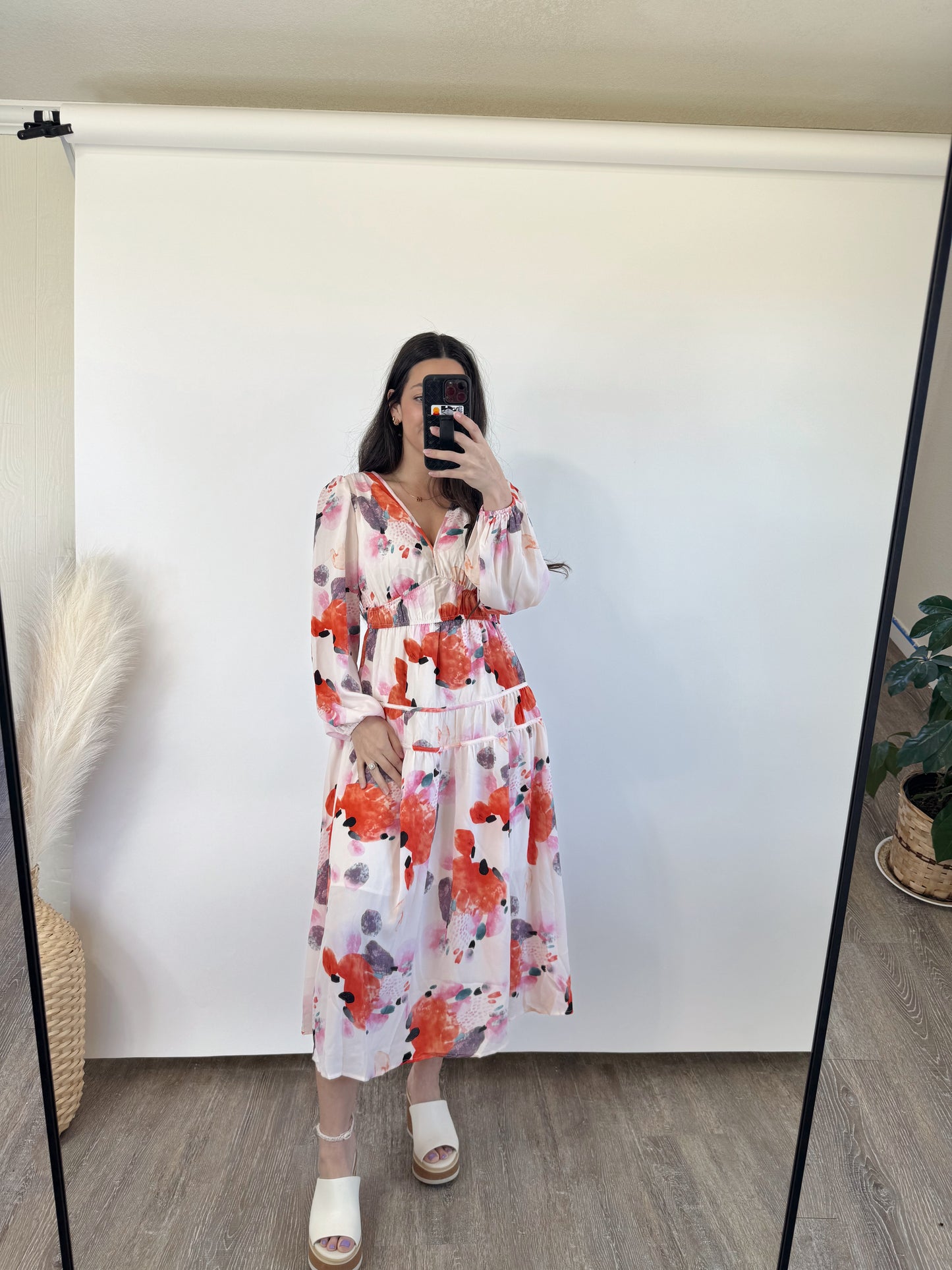 printed balloon sleeve midi dress