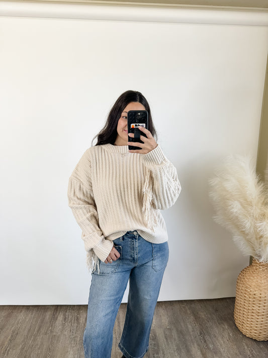 cream fringe sleeve sweater