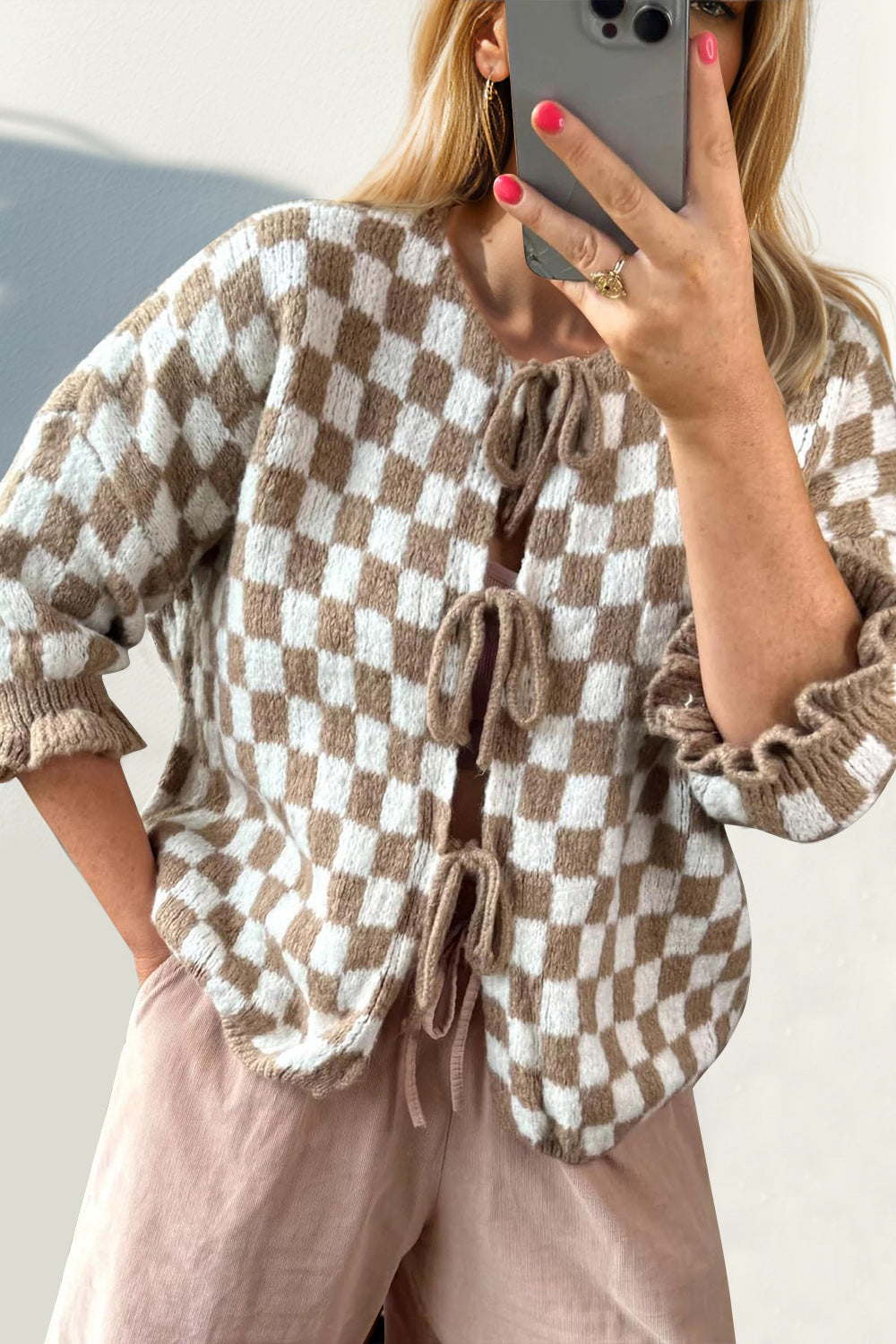 checkered tie cardi