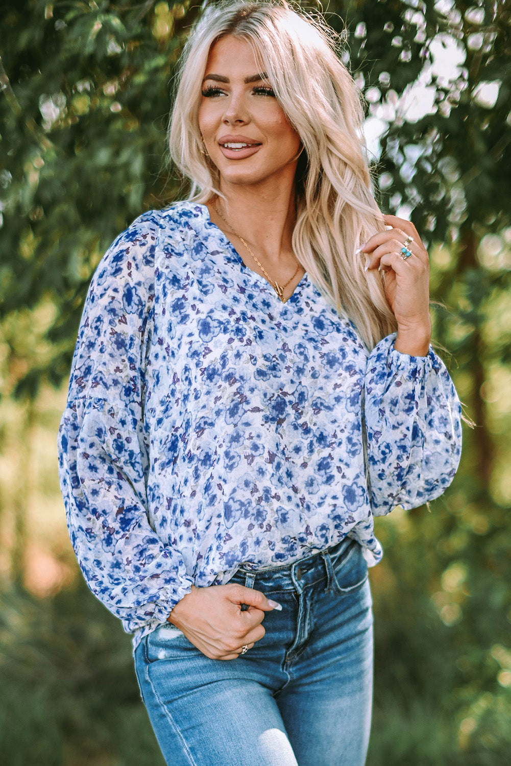 blue floral blouse