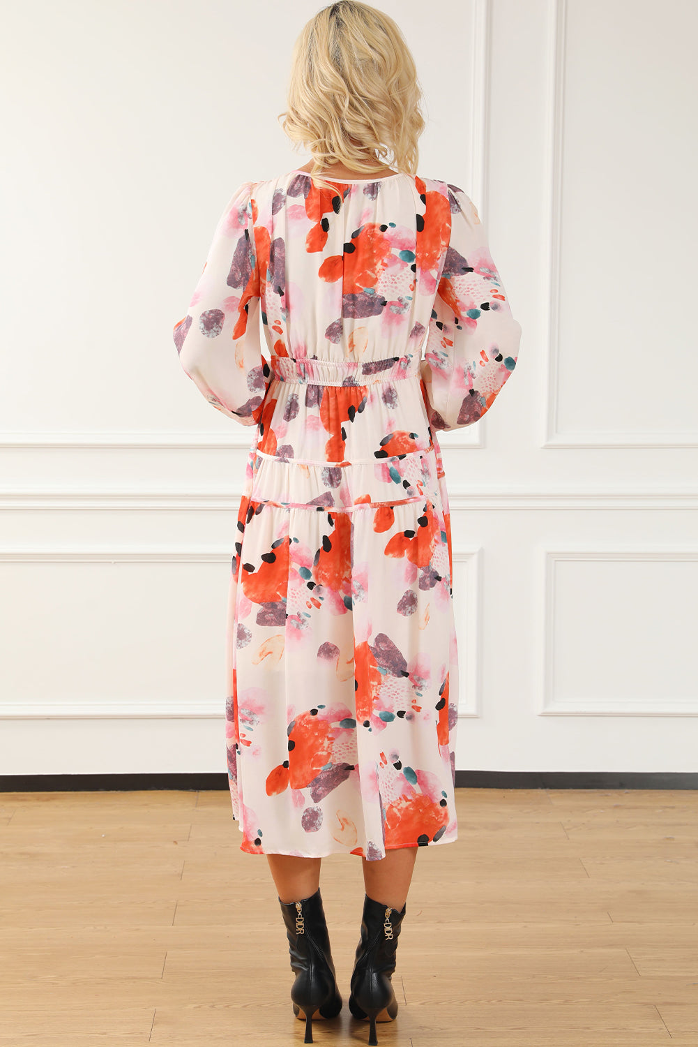 printed balloon sleeve midi dress