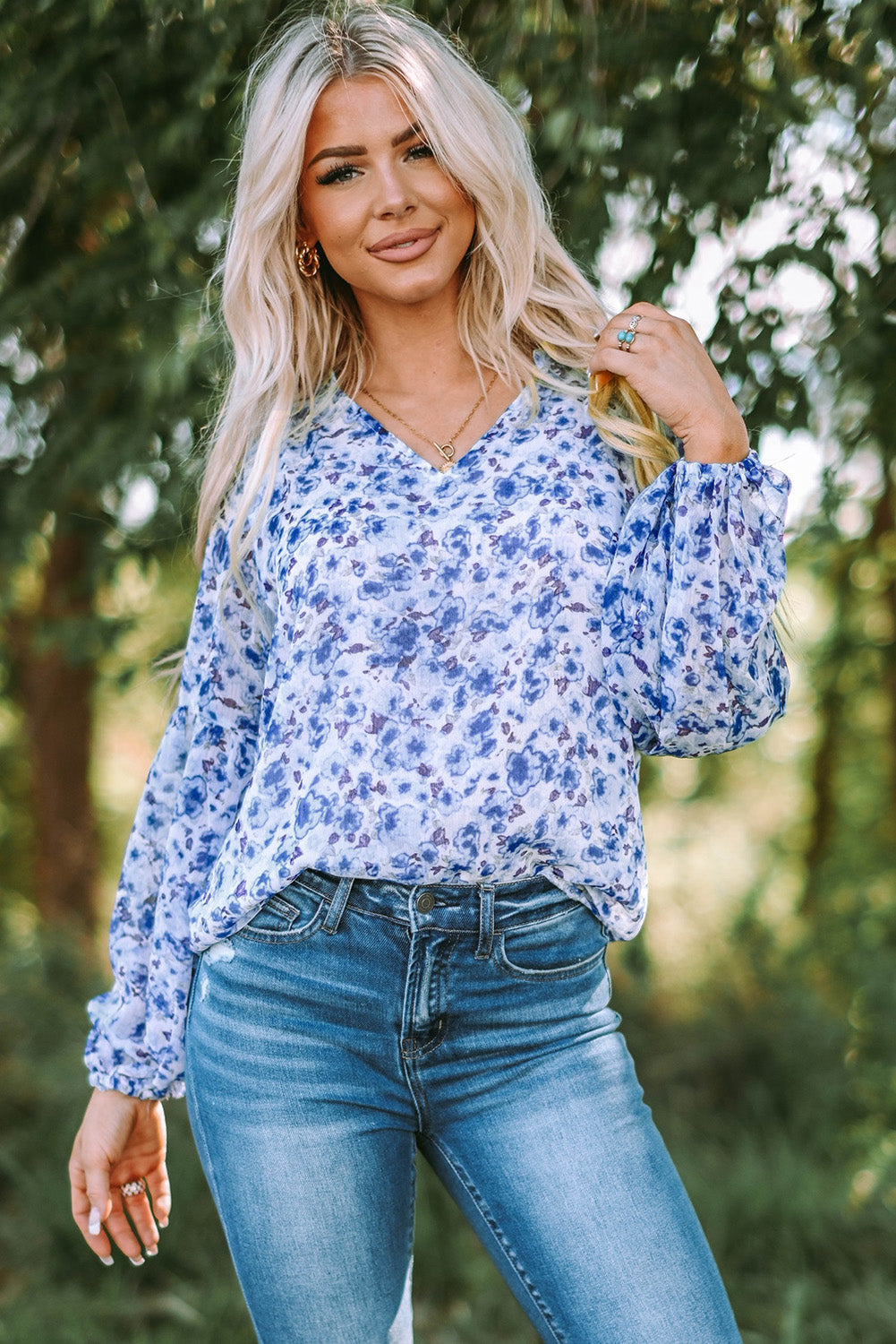 blue floral blouse