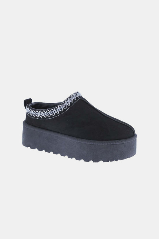 Platform Embroidered Trim Slip-On Boots — Black